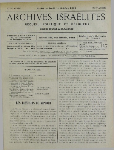 Archives israélites de France. Vol.64 N°40 (01 oct. 1903)